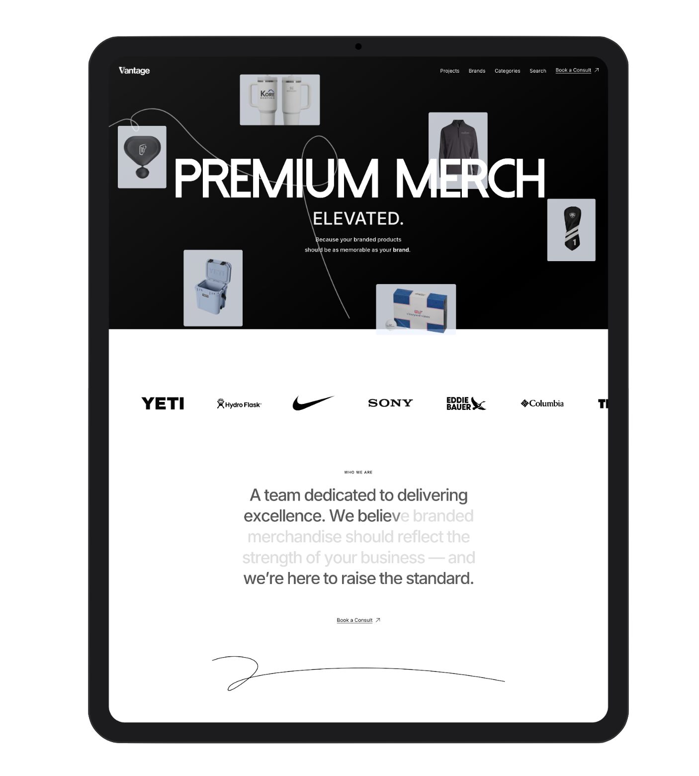 Vantage 1 ecommerce site — premium branded merch on iPad